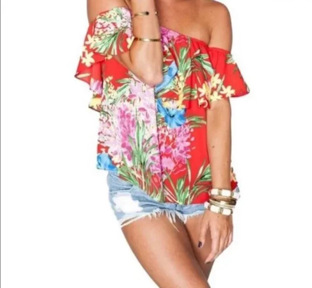 Show Me Your Mumu Red Pink Tropical Ruffle Off The Shoulder Blouse Lg